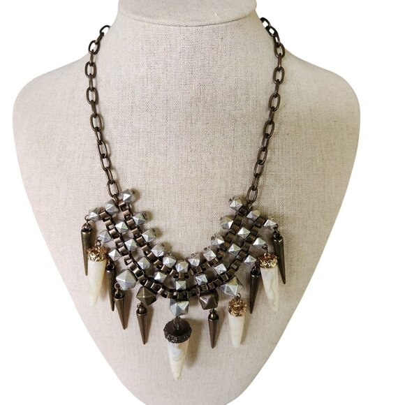 Chunky Tribal Statement Chain Necklace w/Silver Beads & Faux Ivory Spikes - Picture 4 of 8